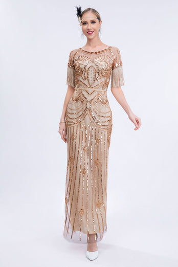 Langes Champagner Perlen Gatsby Kleid mit Fransen