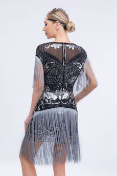 Schwarz Grau Pailletten 20er Gatsby Fransen Flapper Kleid