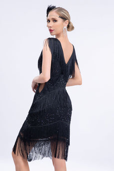 V-Ausschnitt Schwarz Perlen Roaring 20er Gatsby Fransen Flapper Kleid