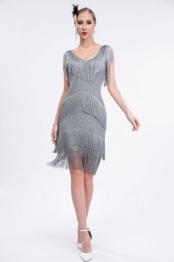 V-Ausschnitt Schwarz Perlen Roaring 20er Gatsby Fransen Flapper Kleid