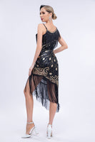 Laden Sie das Bild in den Galerie-Viewer, Schwarzes Roaring 20er Gatsby Fransen Flapper Kleid mit Perlen