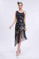 Laden Sie das Bild in den Galerie-Viewer, Schwarzes Roaring 20er Gatsby Fransen Flapper Kleid mit Perlen