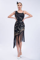 Laden Sie das Bild in den Galerie-Viewer, Schwarzes Roaring 20er Gatsby Fransen Flapper Kleid mit Perlen