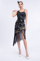 Laden Sie das Bild in den Galerie-Viewer, Schwarzes Roaring 20er Gatsby Fransen Flapper Kleid mit Perlen
