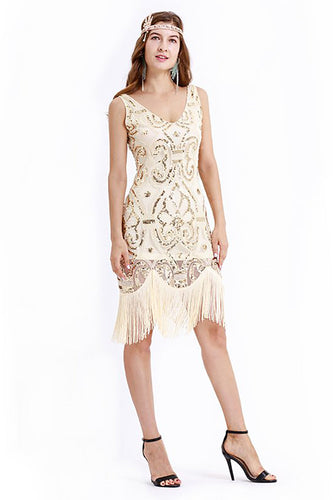 Glitzerndes Charleston Kleid mit V-Ausschnitt Apricot Gatsby mit Fransen