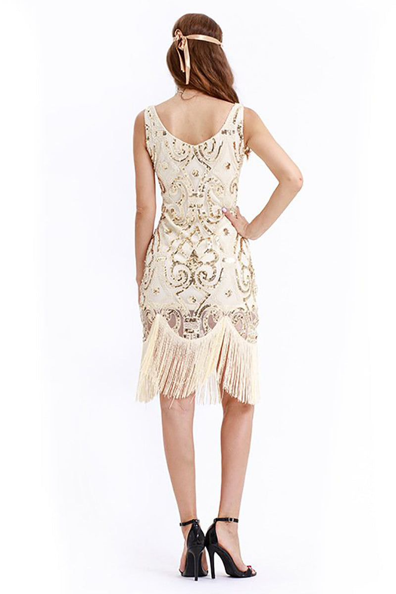 Laden Sie das Bild in den Galerie-Viewer, Glitzerndes Charleston Kleid mit V-Ausschnitt Apricot Gatsby mit Fransen