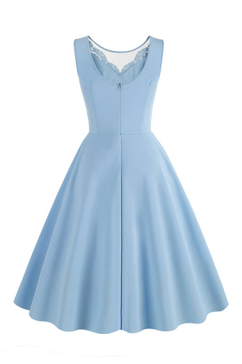 Schwarzes ärmelloses A-Linie 1950er Jahre Kleid mit Spitze