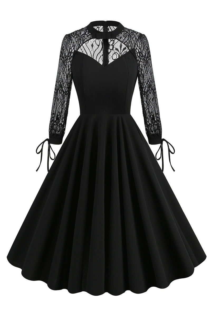 Laden Sie das Bild in den Galerie-Viewer, Schwarzes A-Linie Langarmkleid aus den 1950er Jahren mit Spitze