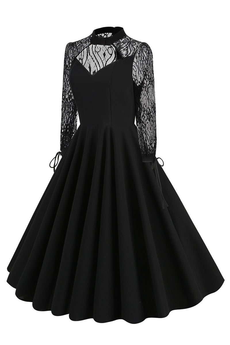 Laden Sie das Bild in den Galerie-Viewer, Schwarzes A-Linie Langarmkleid aus den 1950er Jahren mit Spitze