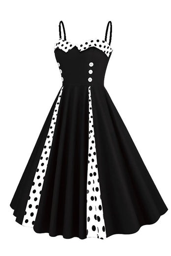 Polka Dots Schwarz ärmelloses Swing 1950er Jahre Kleid