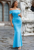 Laden Sie das Bild in den Galerie-Viewer, Satin Meerjungfrau Schulterfreies Blaues Ballkleid