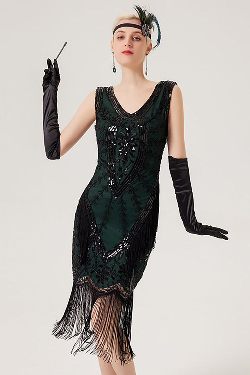 Laden Sie das Bild in den Galerie-Viewer, Glitzerndes schwarzes Flapper Kleid mit Fransen