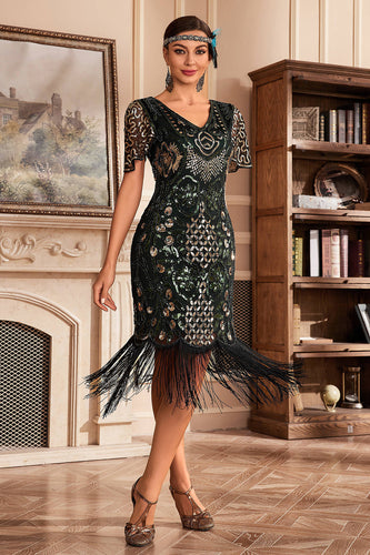 Dunkelgrünes V-Ausschnitt Fransen Gatsby Kleid aus den 1920er Jahren mit Pailletten
