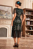 Laden Sie das Bild in den Galerie-Viewer, Dunkelgrünes V-Ausschnitt Fransen Gatsby Kleid aus den 1920er Jahren mit Pailletten