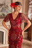 Laden Sie das Bild in den Galerie-Viewer, Rotes Pailletten Gatsby Kleid mit V-Ausschnitt und Fransen aus den 1920er Jahren