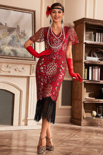 Rotes Pailletten Gatsby Kleid mit V-Ausschnitt und Fransen aus den 1920er Jahren