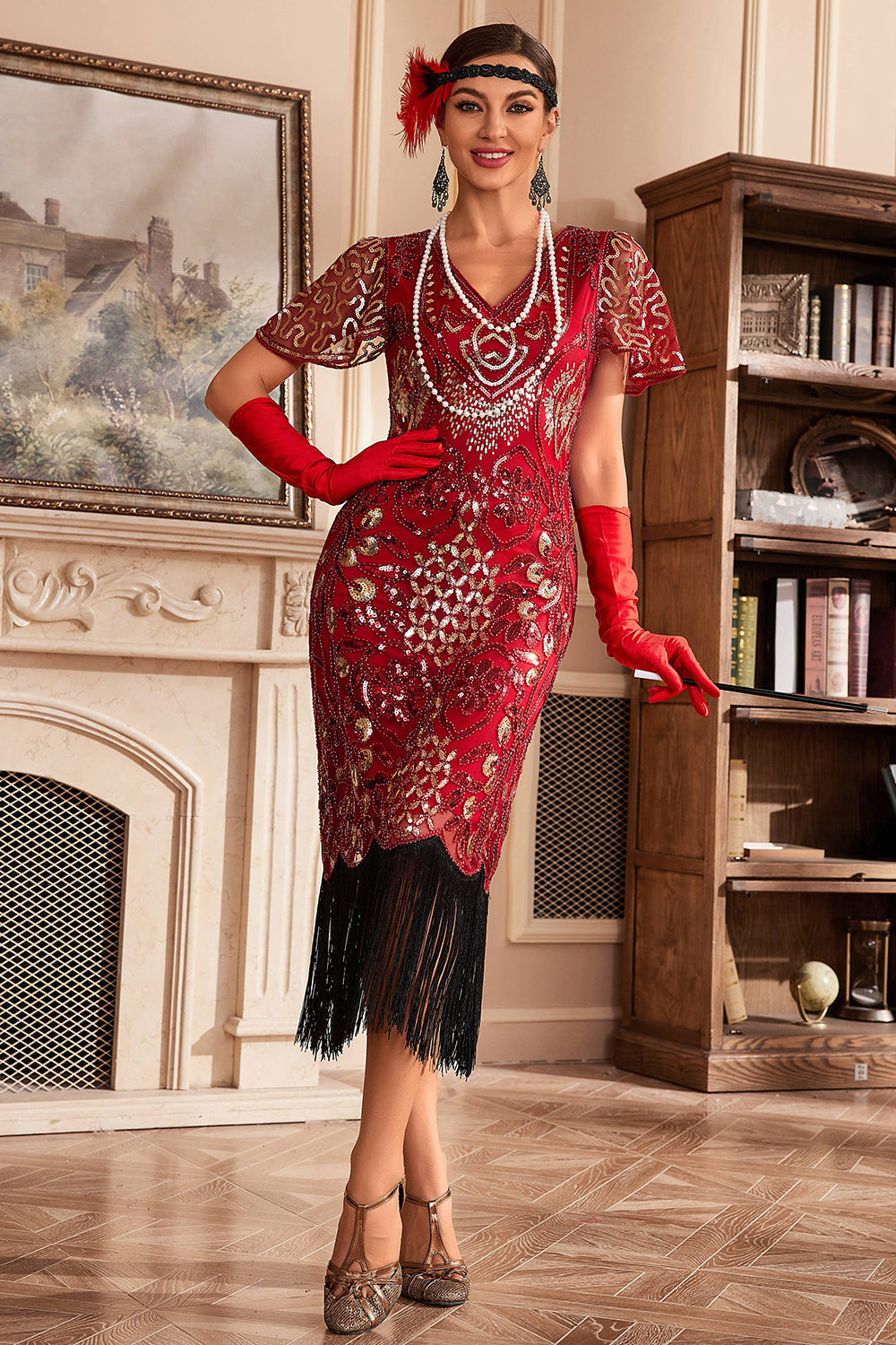 Rotes Pailletten Gatsby Kleid mit V-Ausschnitt und Fransen aus den 1920er Jahren