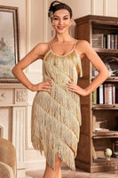Laden Sie das Bild in den Galerie-Viewer, Goldenes Spaghettiträger Fransen 20er Great Gatsby Kleid