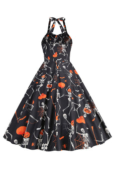 Halloween Schwarzes Neckholder Kürbis Kleid aus den 1950er Jahren