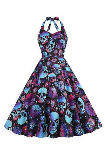 Halloween Schwarzes Neckholder Kürbis Kleid aus den 1950er Jahren