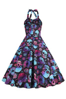 Laden Sie das Bild in den Galerie-Viewer, Halloween Schwarzes Neckholder Kürbis Kleid aus den 1950er Jahren