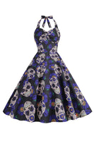 Laden Sie das Bild in den Galerie-Viewer, Halloween Schwarzes Neckholder Kürbis Kleid aus den 1950er Jahren