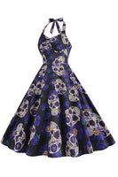 Laden Sie das Bild in den Galerie-Viewer, Halloween Schwarzes Neckholder Kürbis Kleid aus den 1950er Jahren