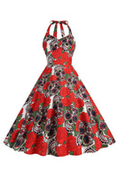 Laden Sie das Bild in den Galerie-Viewer, Halloween Schwarzes Neckholder Kürbis Kleid aus den 1950er Jahren