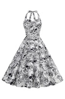 Laden Sie das Bild in den Galerie-Viewer, Halloween Schwarzes Neckholder Kürbis Kleid aus den 1950er Jahren