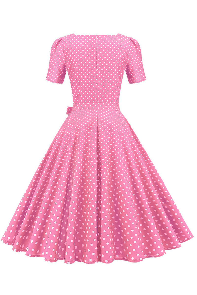 Laden Sie das Bild in den Galerie-Viewer, Rosa Polka Dots Kurzärmeliges Kleid aus den 1950er Jahren
