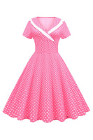Laden Sie das Bild in den Galerie-Viewer, Rosa Polka Dots V-Ausschnitt Kurzärmeliges Kleid aus den 1950er Jahren