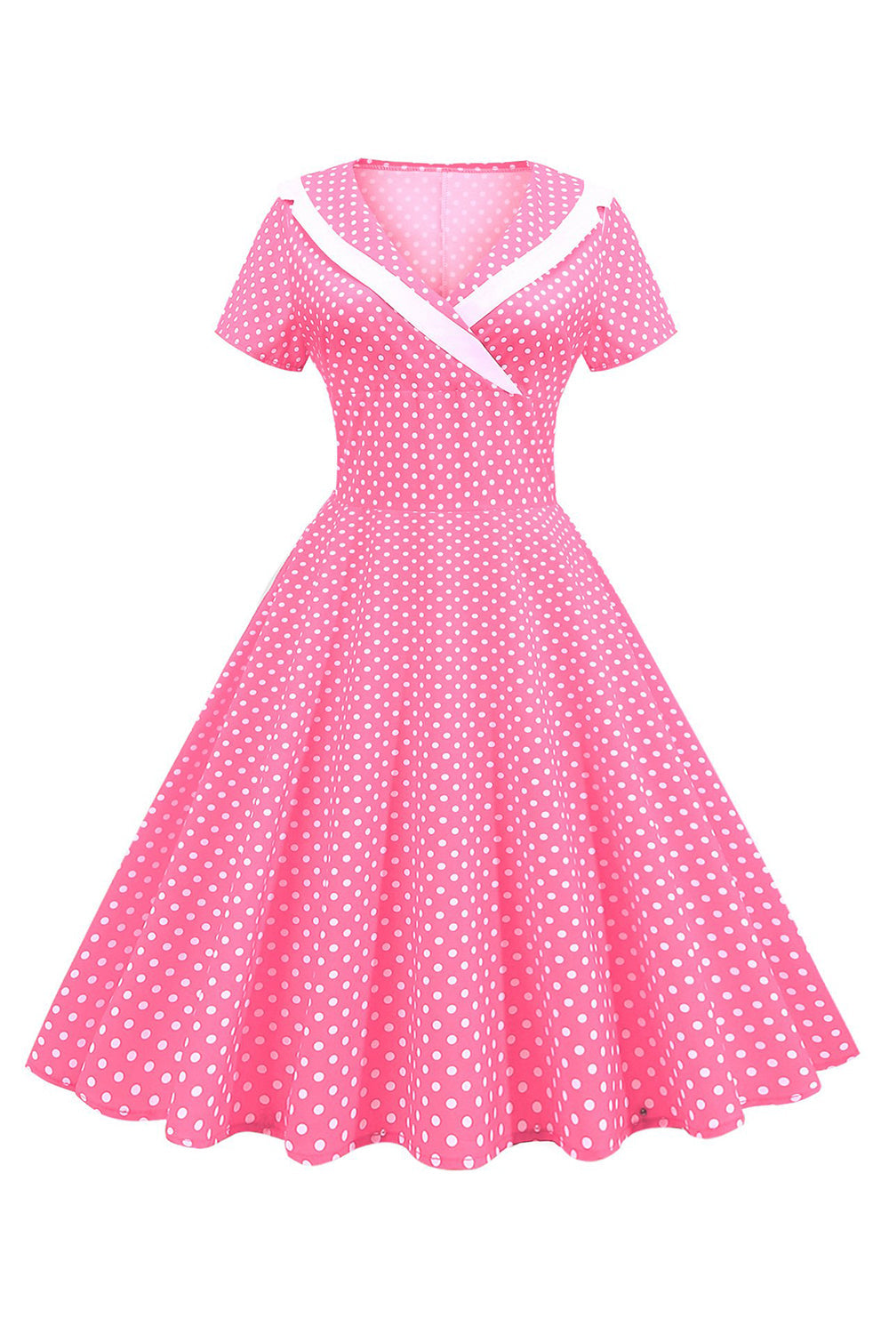 Rosa Polka Dots V-Ausschnitt Kurzärmeliges Kleid aus den 1950er Jahren