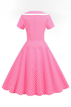 Rosa Polka Dots V-Ausschnitt Kurzärmeliges Kleid aus den 1950er Jahren