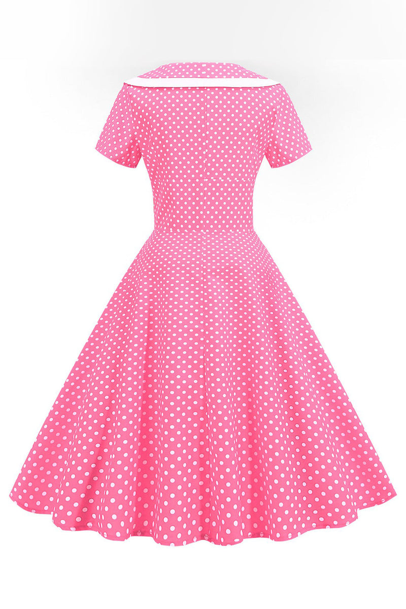 Laden Sie das Bild in den Galerie-Viewer, Rosa Polka Dots V-Ausschnitt Kurzärmeliges Kleid aus den 1950er Jahren