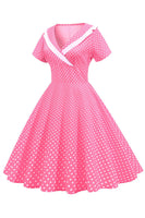Laden Sie das Bild in den Galerie-Viewer, Rosa Polka Dots V-Ausschnitt Kurzärmeliges Kleid aus den 1950er Jahren