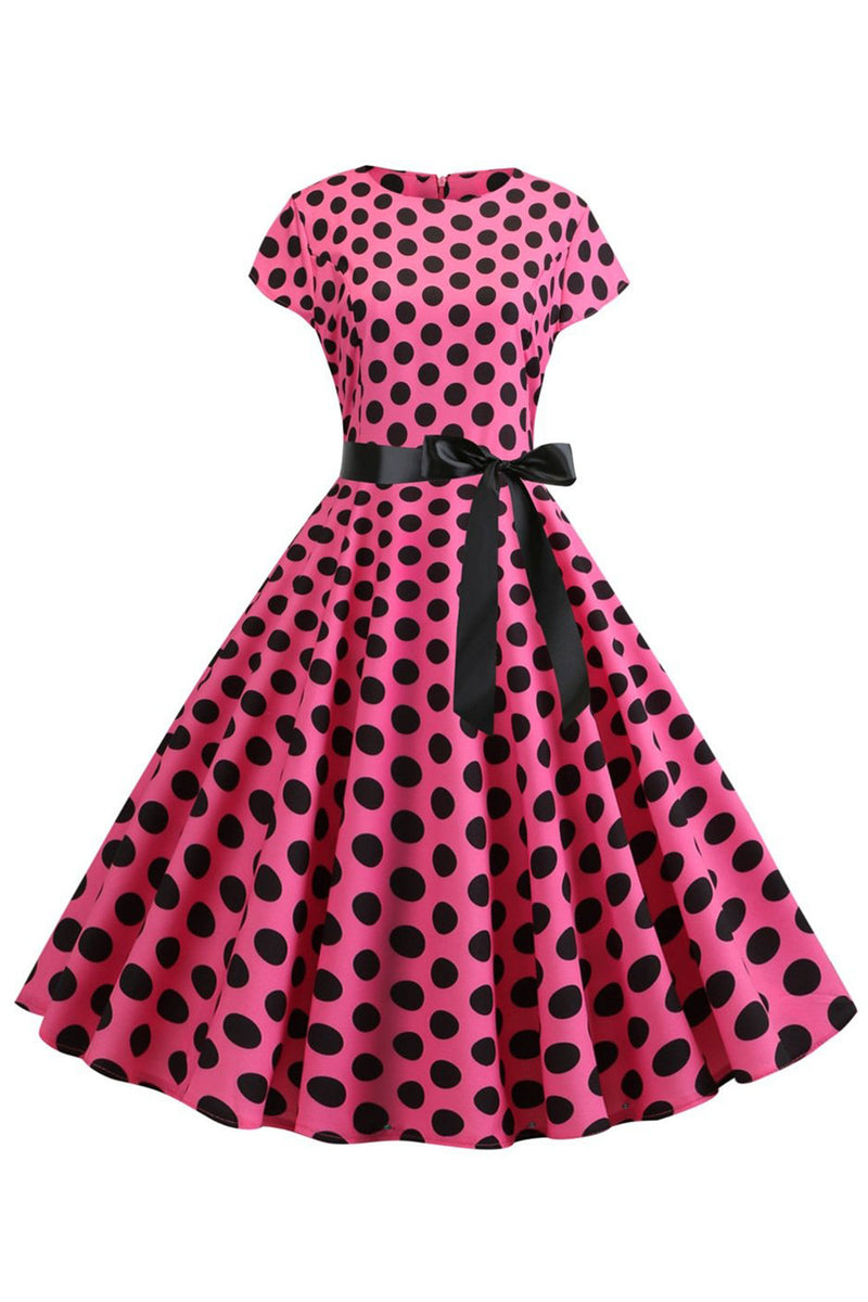 Laden Sie das Bild in den Galerie-Viewer, Rosa Schwarz Polka Dots Flügelärmel 1950er Jahre Kleid