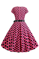 Laden Sie das Bild in den Galerie-Viewer, Rosa Schwarz Polka Dots Flügelärmel 1950er Jahre Kleid
