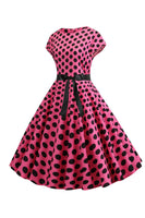 Laden Sie das Bild in den Galerie-Viewer, Rosa Schwarz Polka Dots Flügelärmel 1950er Jahre Kleid