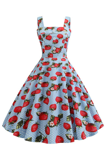 Erdbeeren Bedrucktes blaues ärmelloses Kleid aus den 1950er Jahren