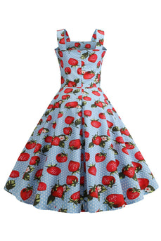 Erdbeeren Bedrucktes blaues ärmelloses Kleid aus den 1950er Jahren