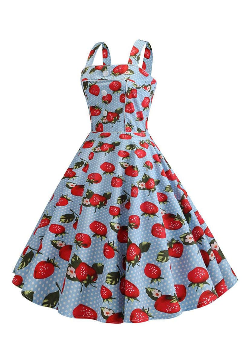 Laden Sie das Bild in den Galerie-Viewer, Erdbeeren Bedrucktes blaues ärmelloses Kleid aus den 1950er Jahren