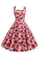 Laden Sie das Bild in den Galerie-Viewer, Erdbeeren Bedrucktes blaues ärmelloses Kleid aus den 1950er Jahren