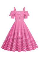 Laden Sie das Bild in den Galerie-Viewer, Kalte Schulter Polka Dots Rosa 1950er Jahre Kleid