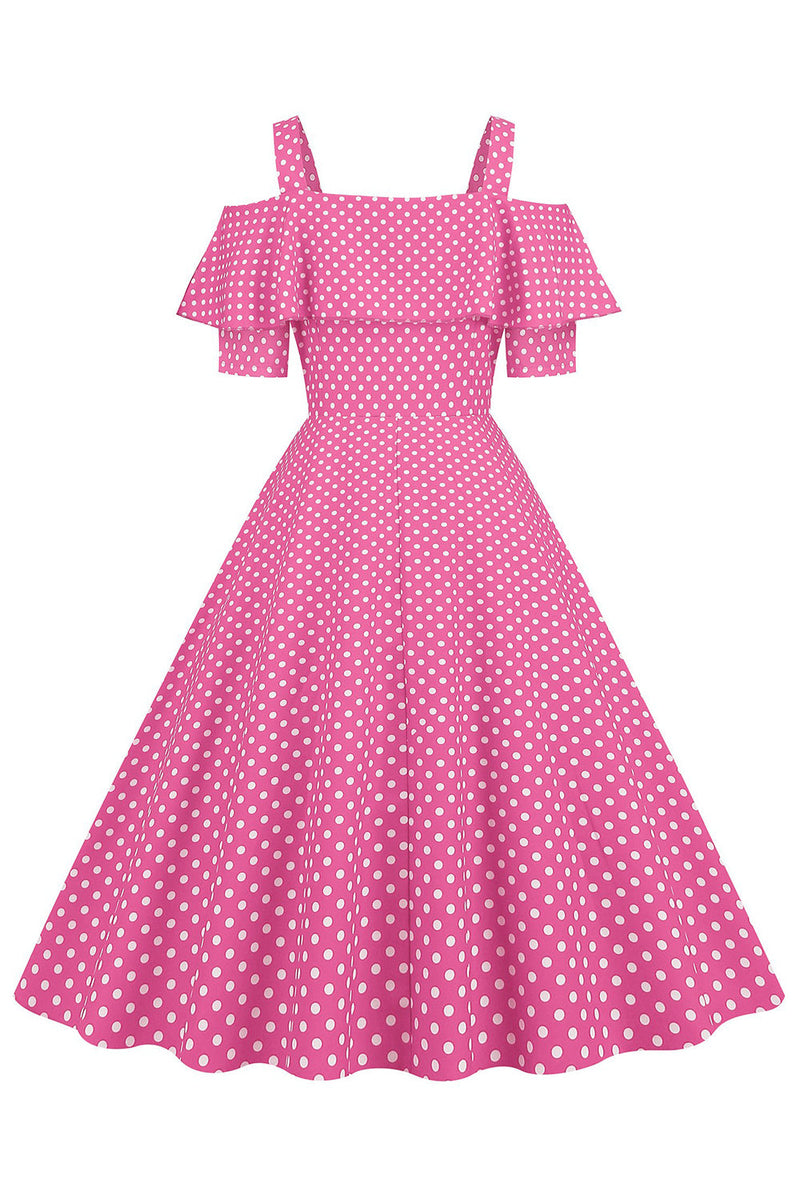 Laden Sie das Bild in den Galerie-Viewer, Kalte Schulter Polka Dots Rosa 1950er Jahre Kleid