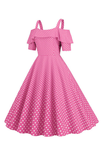 Kalte Schulter Polka Dots Rosa 1950er Jahre Kleid
