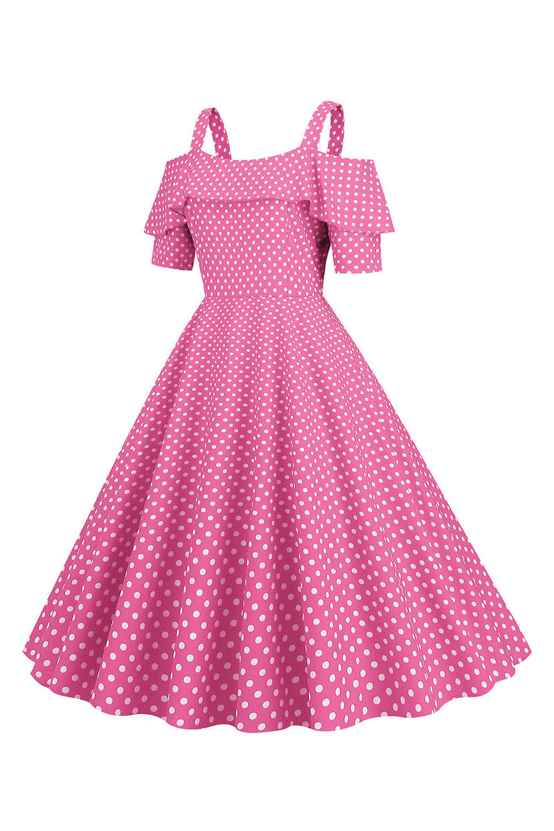 Laden Sie das Bild in den Galerie-Viewer, Kalte Schulter Polka Dots Rosa 1950er Jahre Kleid