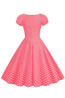 Laden Sie das Bild in den Galerie-Viewer, Rosa Rot Polka Dots Puffärmel 1950er Jahre Kleid
