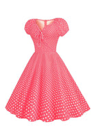 Laden Sie das Bild in den Galerie-Viewer, Rosa Rot Polka Dots Puffärmel 1950er Jahre Kleid