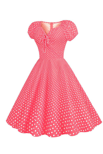 Rosa Rot Polka Dots Puffärmel 1950er Jahre Kleid