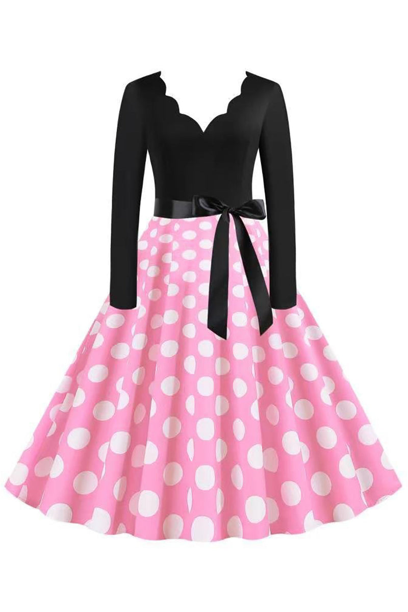 Laden Sie das Bild in den Galerie-Viewer, Polka Dots Rosa Langärmeliges Kleid aus den 1950er Jahren